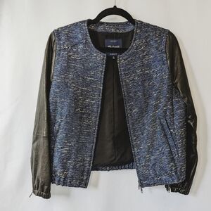 Madewell Women's Tweed Leather Bomber Moto Jacket Metallic Blue Shimmer, Sz Med